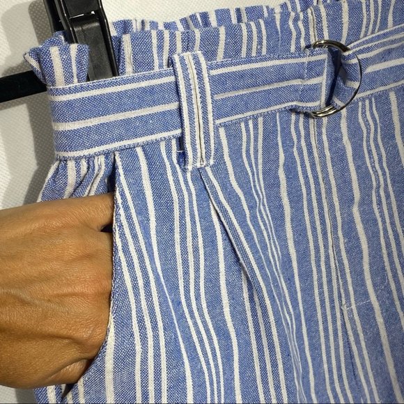 Sapphire Red Paper bag Linen High Waisted Striped Blue/White Short w/Belt - Picture 3 of 8